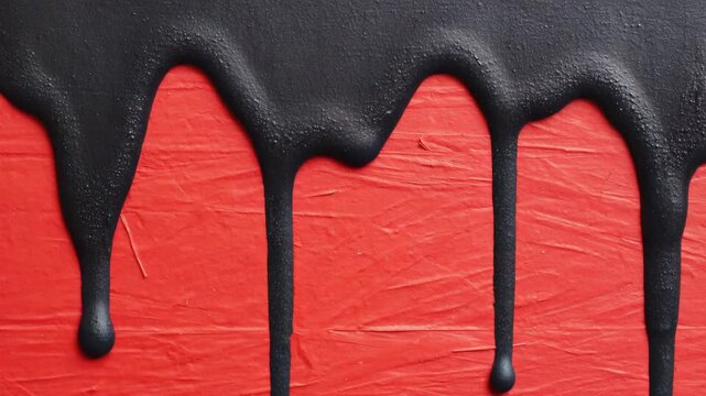 Black dripping strokes crossing luminous red canvas texture