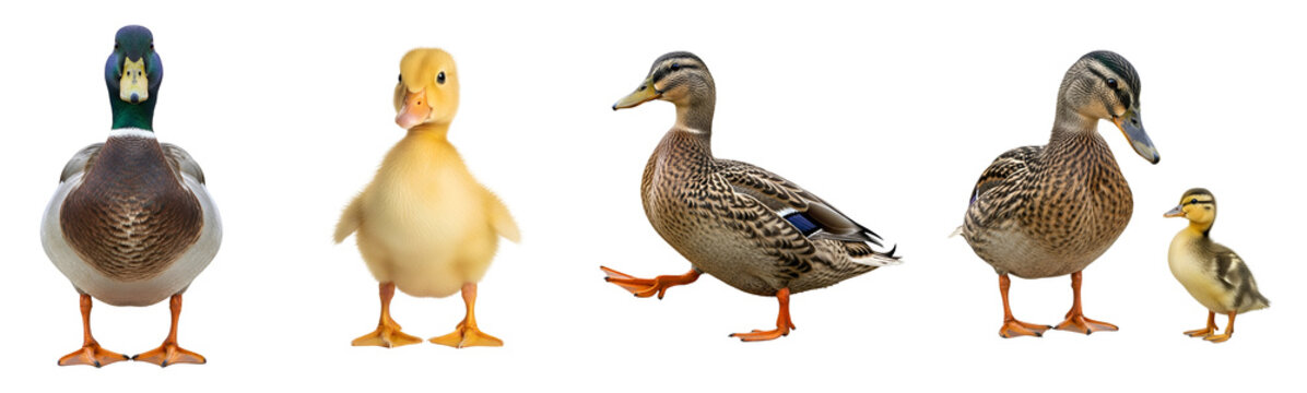 Collection of various mallard ducks including a male female and several adorable fluffy ducklings isolated on transparent background