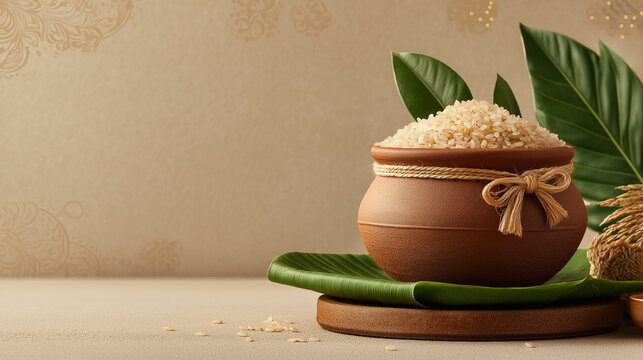 Traditional Clay Pot with Raw Rice Grains