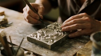 Artisan carving intricate designs into a stone block using a fine tool