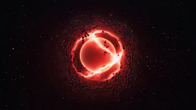 Black micro-particles orbiting a red plasma bubble