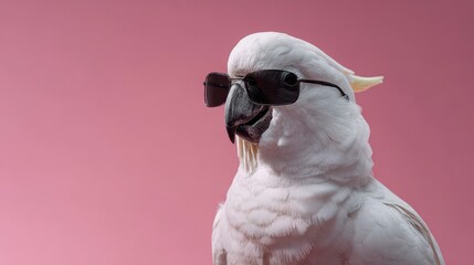 A white cockatoo wearing sunglasses against a soft pink backdrop, striking a cool pose. It has a distinctive yellow crest