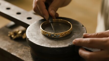Close-up of hands crafting a gold bracelet with intricate floral engravings and gemstones using a precision tool on a workbench.