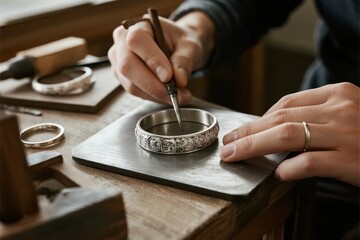 Close-up of a craftsman engraving intricate designs on a metal ring using a precision tool at a workshop table.