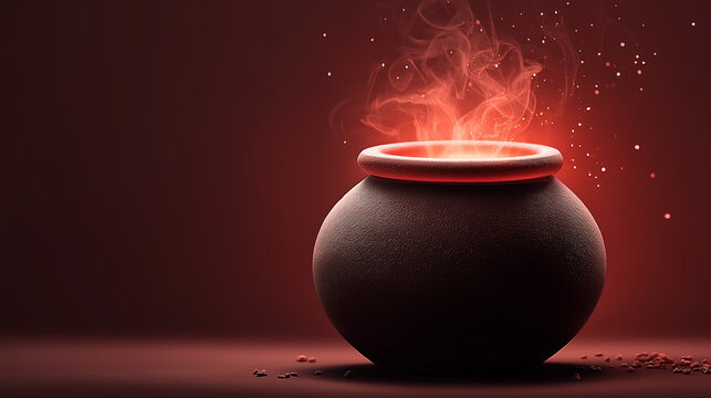 Mysterious Cauldron Emitting Red Glowing Smoke