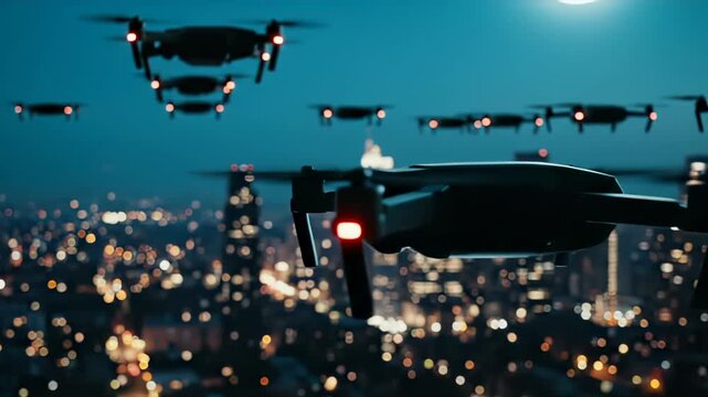 Multiple drones fly over city skyline at dusk with glowing lights. Urban aerial vehicles hover above buildings. Drones patrol city during evening. Fleet of drones above urban skyline at night.