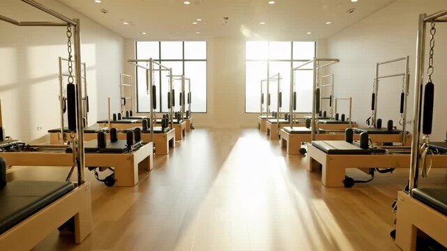 Bright, modern pilates studio with multiple reformers, ready for fitness and wellness sessions