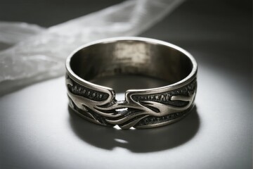 Silver ring with intricate engraved design and interwoven pattern, displayed on a reflective surface with soft lighting