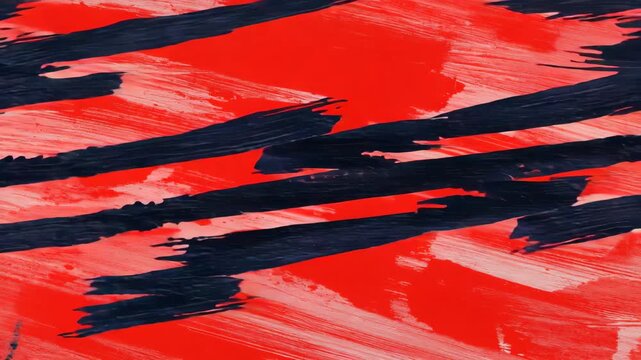 Black splintered strokes cutting across chaotic red patterns