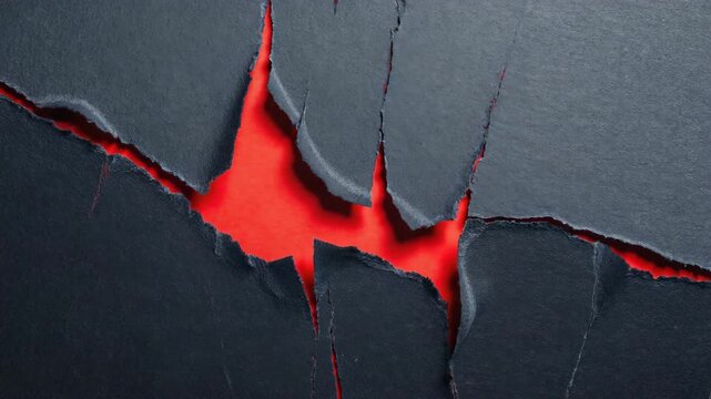 Black torn canvas with red pigment erupting through the cracks