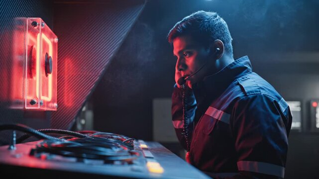 Security guard monitors control room using emergency phone at night station. Officer watches security equipment. Guard operates emergency system. Man monitoring control room with phone communication.