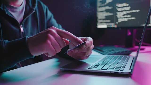 Hacker uses credit card for online fraud at laptop with code on monitor screen. Cybercriminal holds card near laptop for illegal payment transaction. Scammer performs credit card fraud with laptop