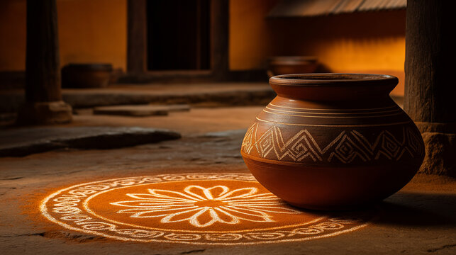 Traditional Clay Pot and Illuminated Rangoli