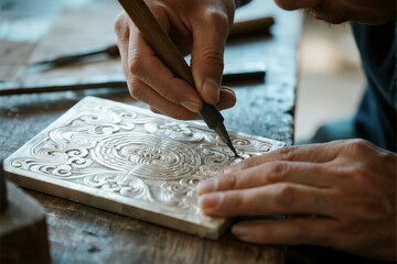 Close-up of hands carving intricate patterns into a stone tile using a chisel