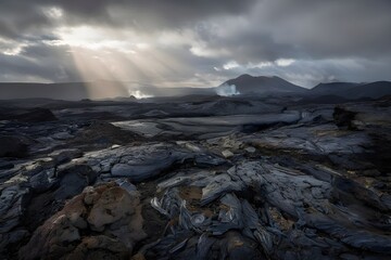 Obraz premium Dramatic Volcanic Landscape with Solidified Lava and Sun Rays Through Stormy Clouds