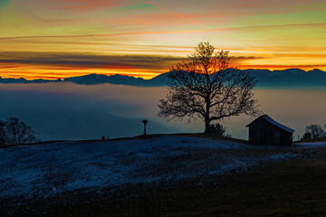 Allg&auml;u - Sonnenuntergang - Winter - Alpengl&uuml;hen - Stadel - Baum - Chalet