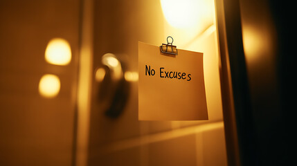 Motivational post-it note with phrase "No Excuses" pinned to a wall in a brightly lit room.  Encouragement, reminders, self improvement, positive affirmation, motivational idea.