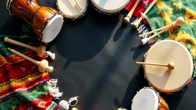 "Close Up of Traditional Folk Drum Performance with Authentic Percussion Rhythms and Cultural Musical Heritage Background"