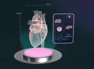 Advanced Medical Visualization: 3D Heart Model with Real-Time ECG Monitoring Display on a Futuristic Digital Interface Platform