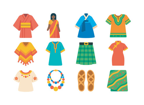 Global Clothing Icons. Global clothing traditions. Colorful flat vector icons set of Global clothing traditions: kimono, sari, hanbok, dashiki, poncho, kaftan,