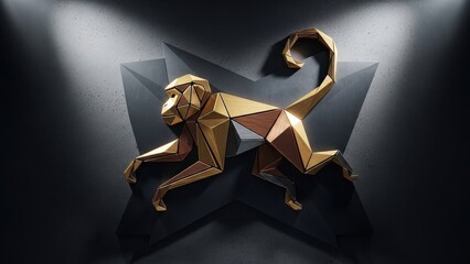 Golden Geometric Origami Monkey Climbing a Dark Textured Wall with Abstract X Shape