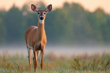 Deer standing in field with soft lighting and greenery in background