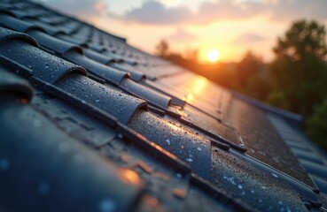 Dark wet roof tiles with integrated solar panels gleam at sunset. Rooftop energy system captures sun rays for clean power. Modern house exterior blends function and eco design.