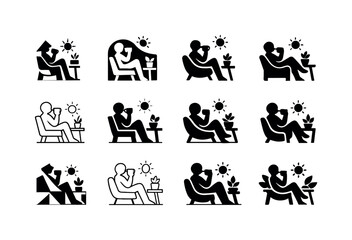 Daily Work Logo Variations. Daily work routine scenes. Icon set. Set Logo of Daily work routine scenes: taking a short break. harmonious logo variations of the