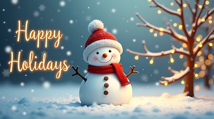 Cheerful snowman in a red hat and scarf wishing happy holidays amidst falling snow and festive lights