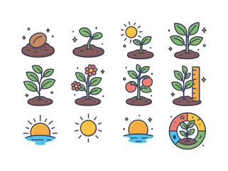 Plant Growth Icons. Plant growth stages in sunlight. Colorful isometric vector icons set of Plant growth stages in sunlight: seed in soil, germinating seed,