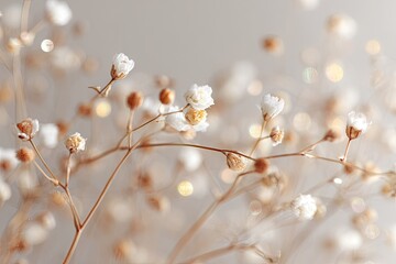 Delicate white flowers and buds with soft bokeh background and copy space