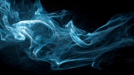 An abstract image features wispy, ethereal blue forms against a stark black background. The swirling shapes give the illusion of movement
