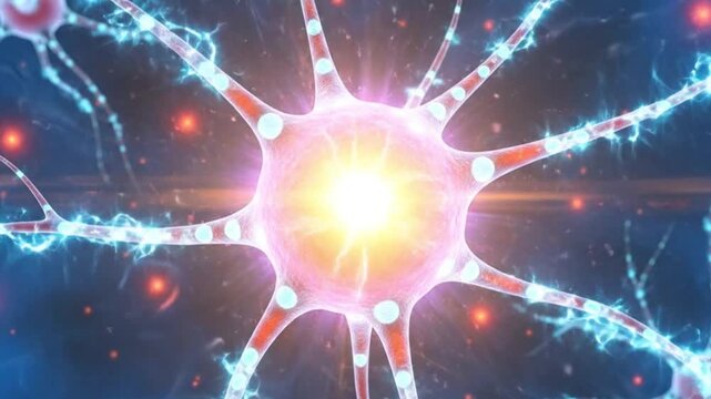 A vibrant depiction of a neuron firing with electrical energy and bright sparks