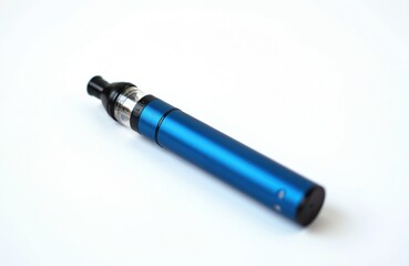 Fototapeta premium Blue reusable electronic cigarette with clear tank and black mouthpiece rests on white surface. Device has adjustable settings and replaceable cartridge for vape liquid.