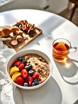 Healthy breakfast bowl with fresh berries, nuts and tea on sunny table