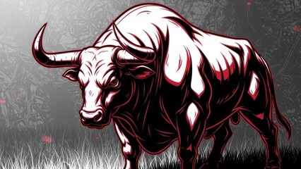 Aggressive black and white bull illustration with red accents in a grunge style