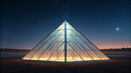 Glass pyramid structure illuminated at night under starry sky
