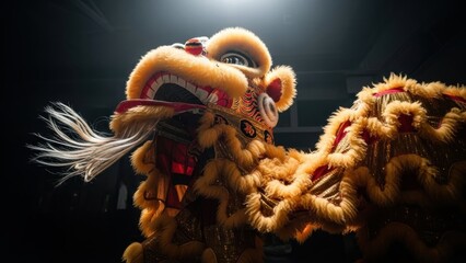 Intricate details of a golden Chinese Lion Dance head with flowing fur and a fierce expression, captured against a dramatic dark background.