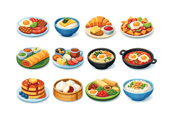 Global Breakfast Icons. Global breakfast traditions. Colorful flat vector icons set of global breakfast traditions: English breakfast plate, Japanese tamago