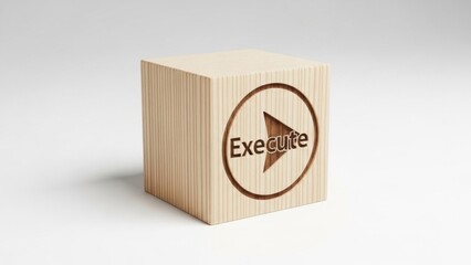 Execute text inside play arrow circle engraved on light wooden cube – action command symbol for starting processes, running scripts, launching workflows, automation tools and modern technology interfa
