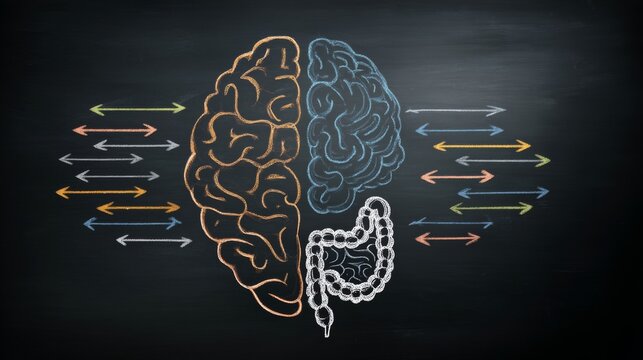 Chalkboard illustration of gut-brain axis concept with colorful arrows showing bidirectional communication between brain and intestines