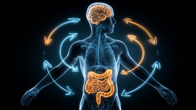 Human Body Illustration Highlighting Gut-Brain Axis with Neural and Digestive System Interaction Arrows, Conceptual Visualization of Bidirectional Communication Between Brain and Intestines