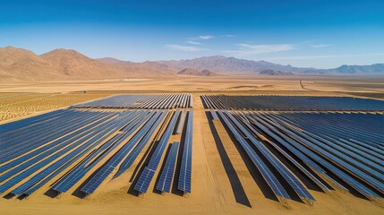 A sprawling solar power plant covers a significant portion of a wide desert valley, with endless arrays of panels basking under a clear blue sky.