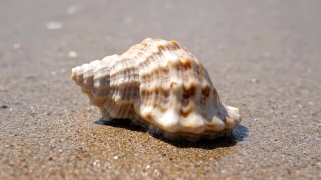 Isolated macro white conch seashell texture on the tropical beach sand coastline during a summer marine nature vacation