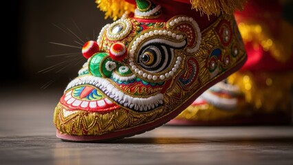 Intricate close-up of a traditional Chinese Lion Dance slipper, elaborately embroidered with gold thread, sequins, and colorful designs, on a polished floor.