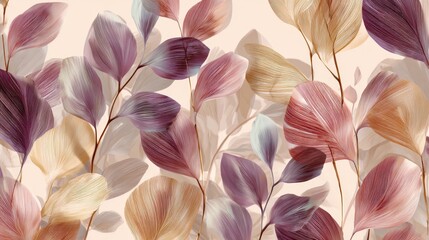 Elegant pastel leaf illustration with intricate vein patterns in soft purple, pink, beige, and blue tones on light background