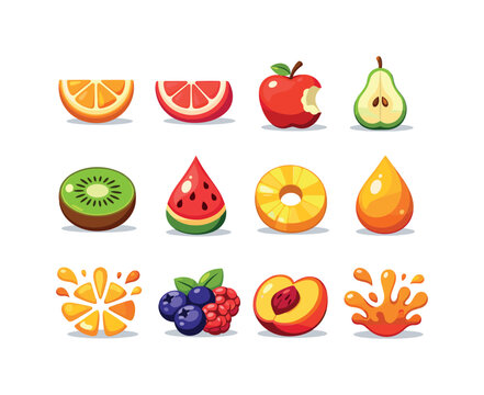 Vibrant Fruit Icons. Juicy Fruits. Colorful flat vector icons set of Juicy Fruits: orange slice, grapefruit wedge, apple bite, pear half, kiwi shine,