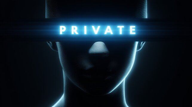 Futuristic digital illustration of stylized human face with glowing red privacy bar across eyes, blue and red lighting