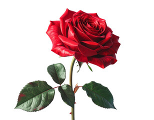 A single vibrant red rose with green leaves on a white background.