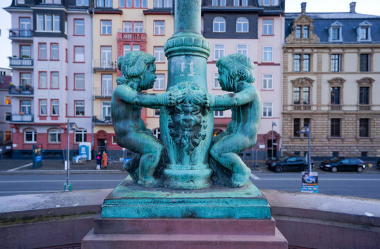 Bronze statues decoration at Eiserner Steg footbridge at German city of Frankfurt on an autumn evening. Photo taken November 22nd, 2025, Frankfurt am Main, Germany.